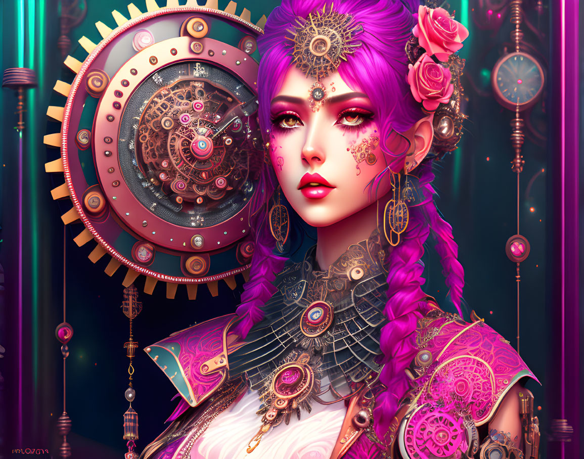 Digital Artwork: Woman with Purple Hair and Steampunk Accessories