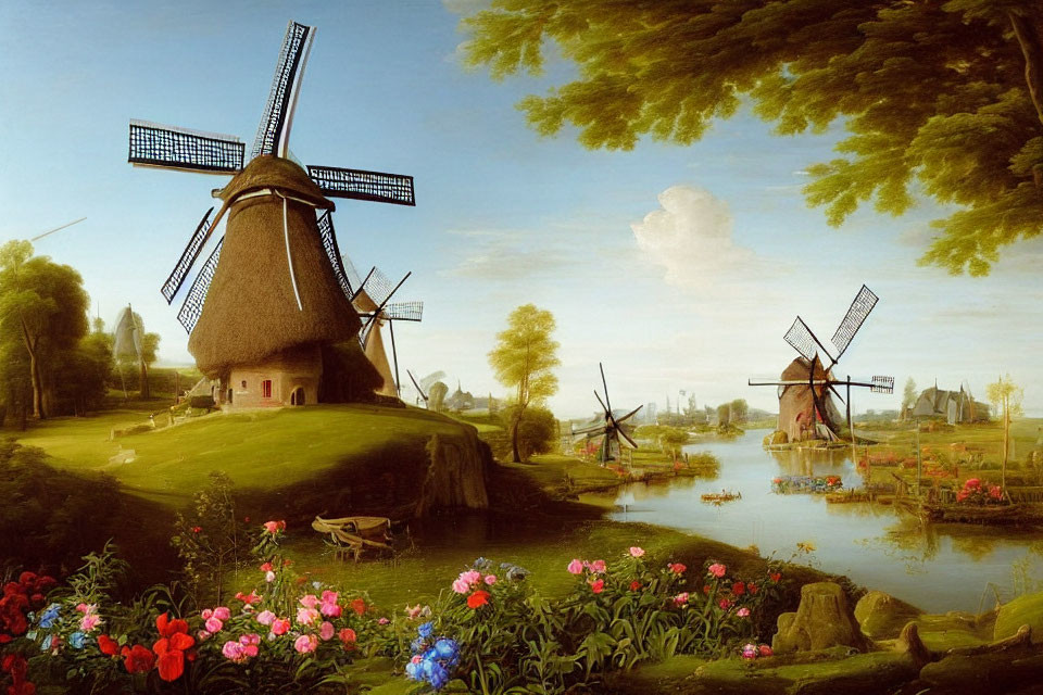 Tranquil pastoral landscape with windmills, river, greenery, and flowers