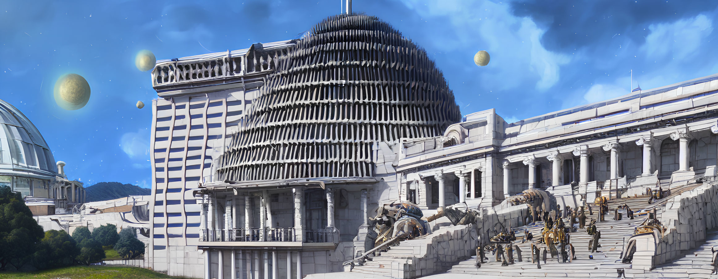 Futuristic cityscape with classical architecture, domed buildings, and aliens under a sky with multiple