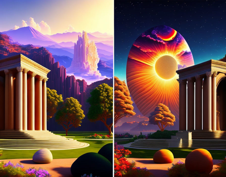 Surreal split image: Greek-style buildings in sunrise and cosmic sunset.