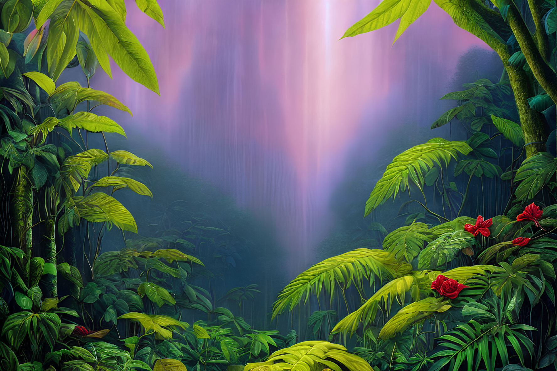 Vibrant green foliage and red flowers in lush tropical forest with mystical waterfall