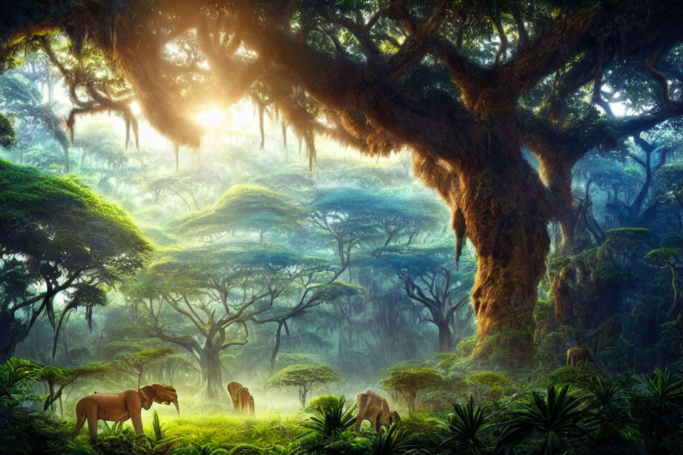 Misty forest canopy with elephants in lush greenery