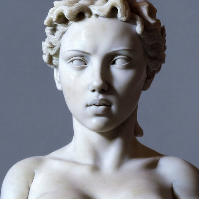 Marble sculpture of a contemplative woman with wavy hair