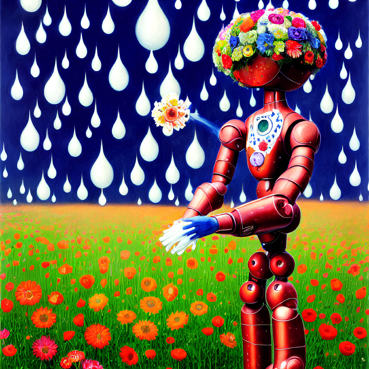 Colorful Robot with Floral Head in Field of Red Flowers under Blue Sky