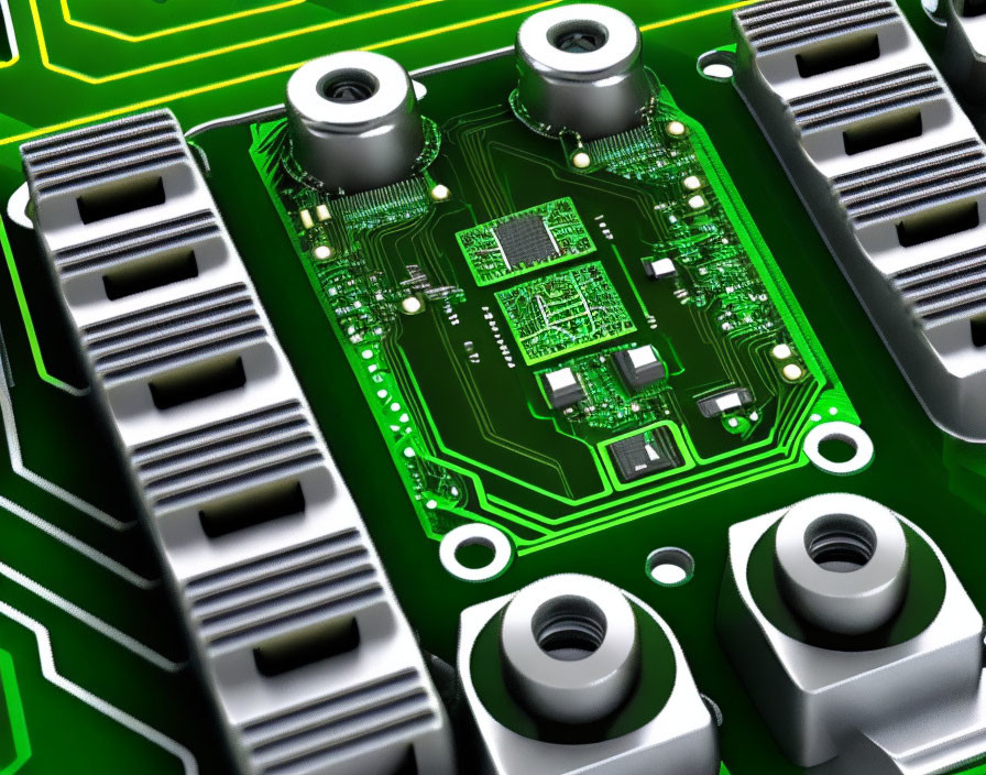 Detailed Green Circuit Board with Electronic Components and Intricate Pathways