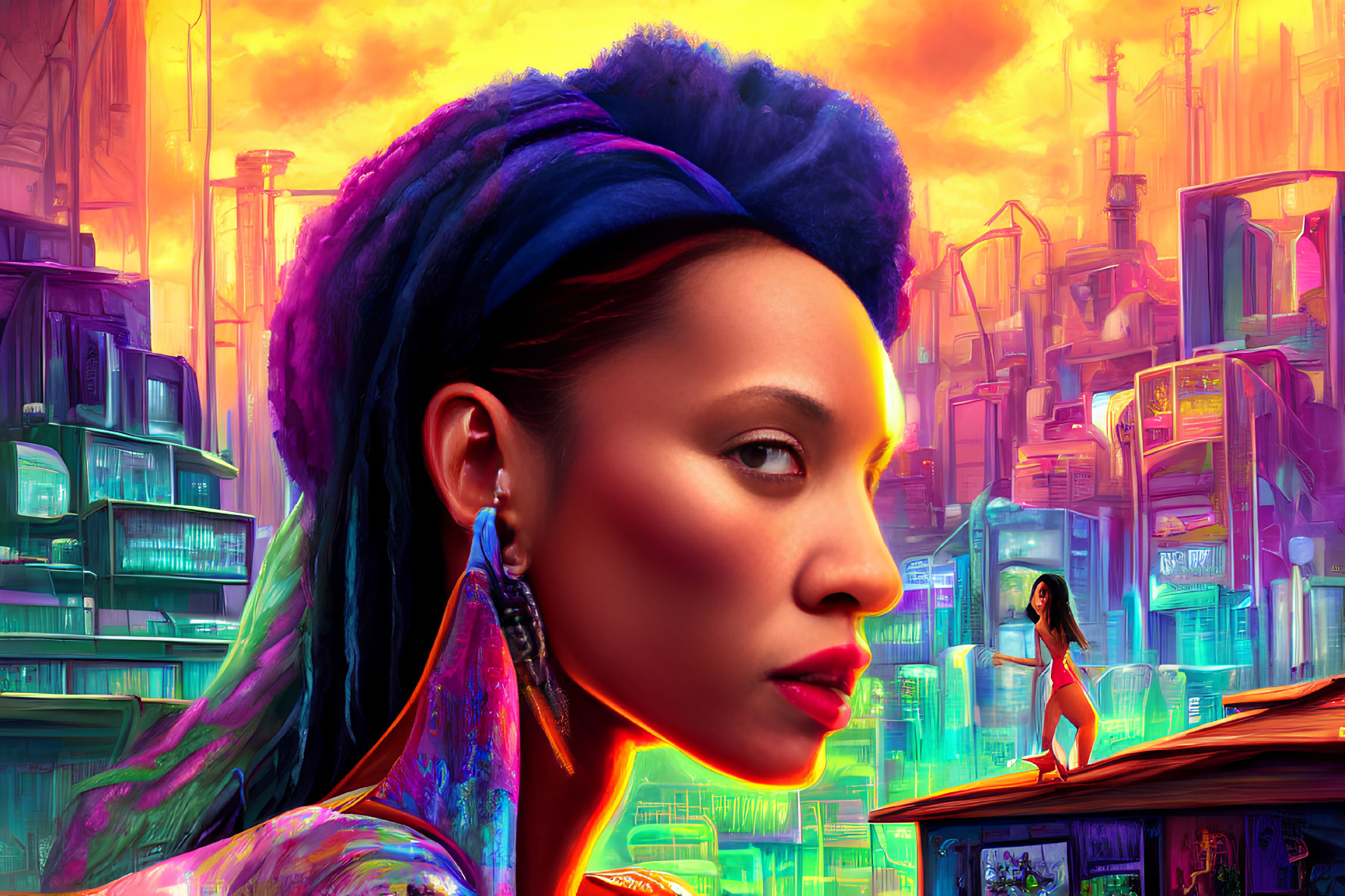 Vibrant blue-haired woman in futuristic cityscape artwork