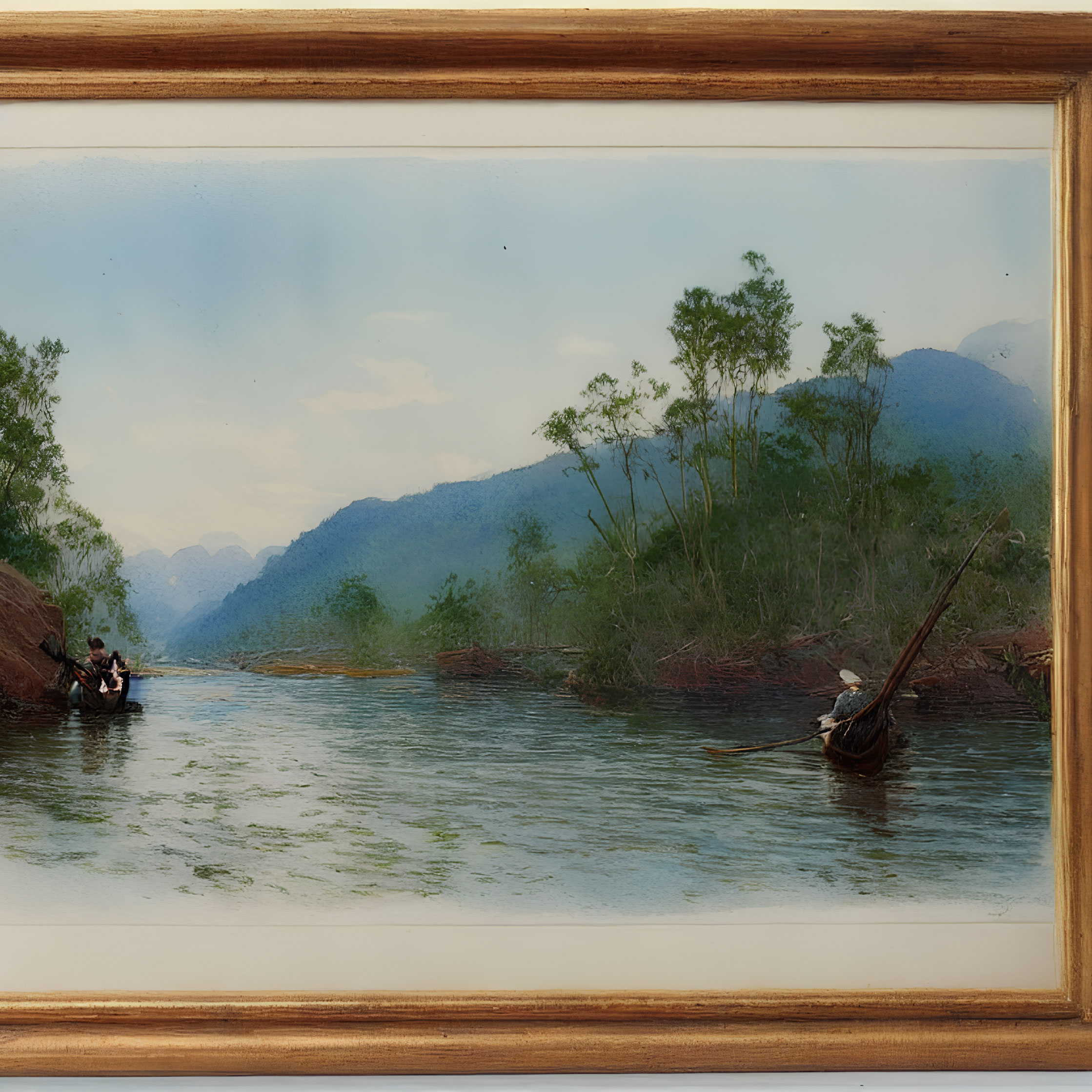 Tranquil river scene with boats, lush green landscapes, and mountains