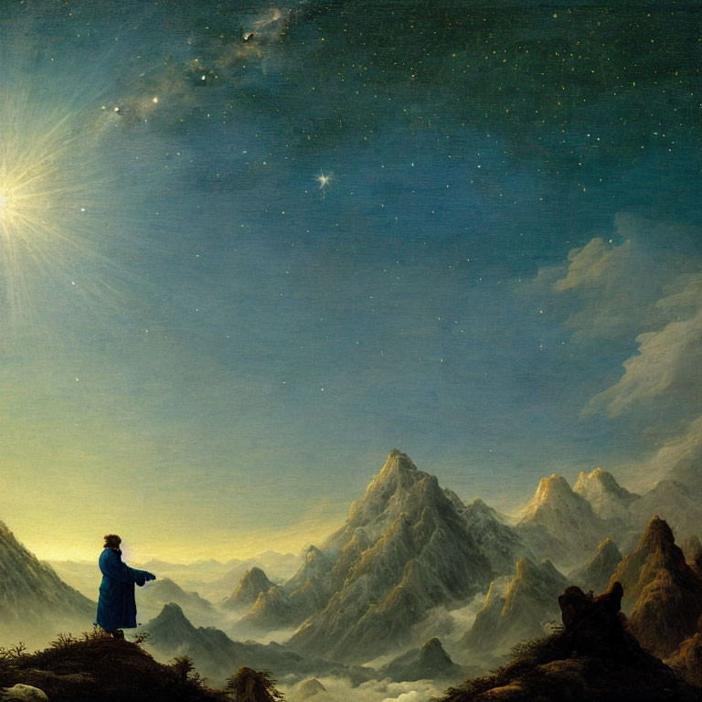 Person in Blue Cloak Gesturing on Cliff with Starry Sky and Bright Star