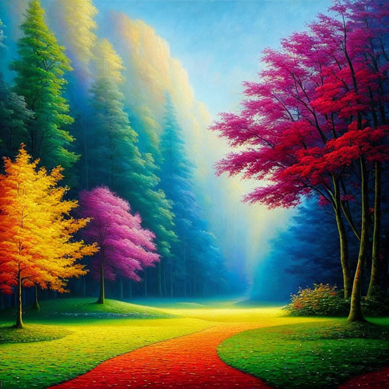 Colorful forest path painting with yellow, pink, and red trees in misty background