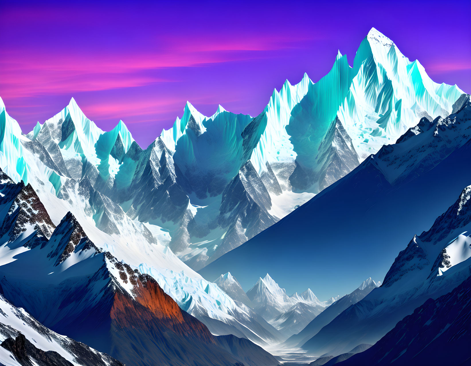 Vivid mountain range with sharp peaks under pink and blue sky