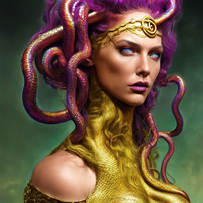 Fantasy portrait: Woman with purple hair, snakes, gold attire, blue eyes on green backdrop