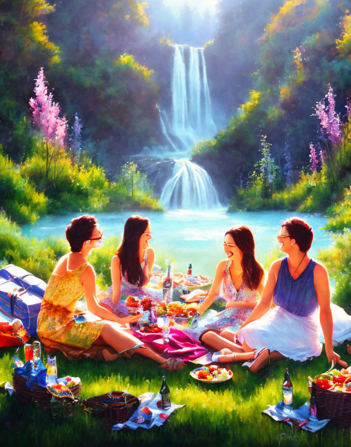 Friends Picnicking Near Waterfall in Lush Greenery