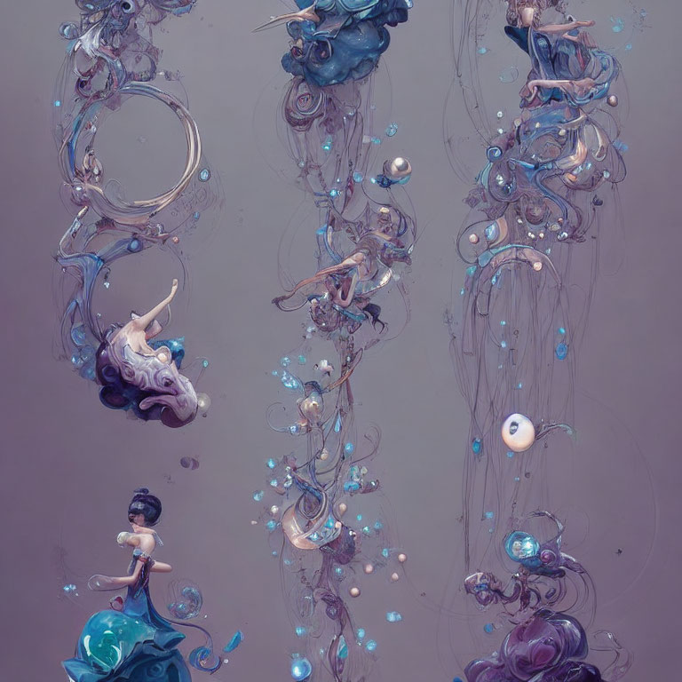 Blue and Purple Swirling Forms with Bubbles and Tendrils