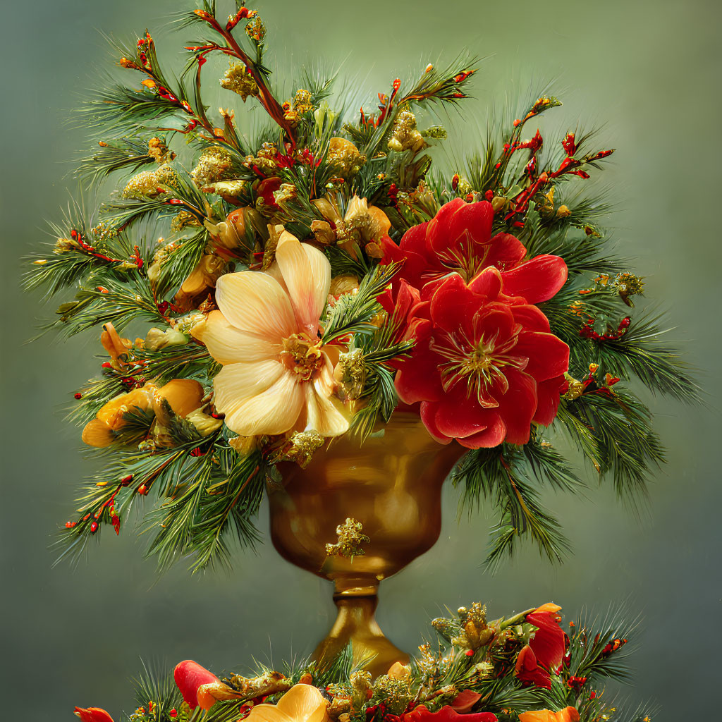 Red Floral Arrangement with Pine and Gold Accents in Ornate Vase