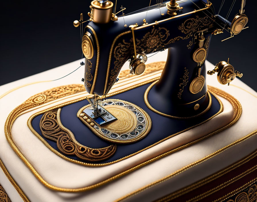 Ornate Sewing Machine Cake with Gold and Blue Details