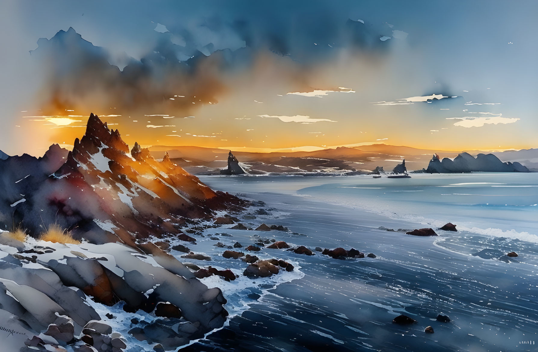 Dramatic sunset over frozen seaside landscape.