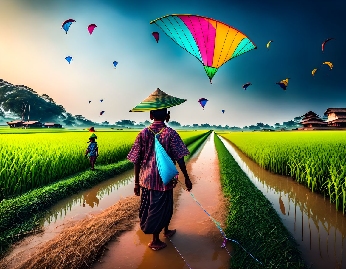 Traditional Attire Figure Walking in Green Rice Fields with Colorful Paragliders