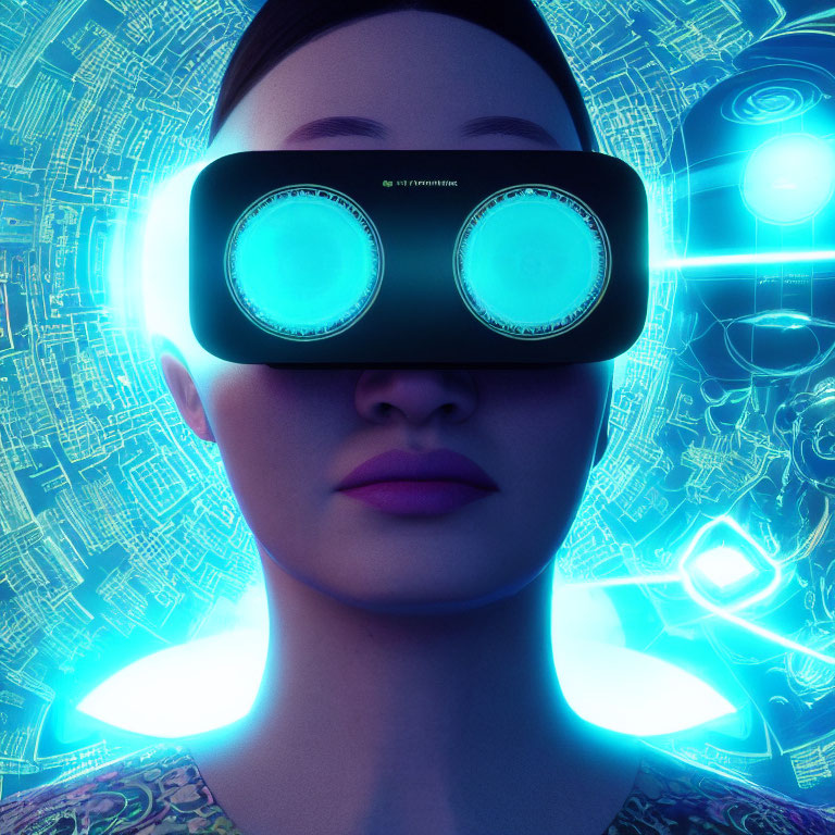 Futuristic VR headset with glowing blue lights and digital graphics