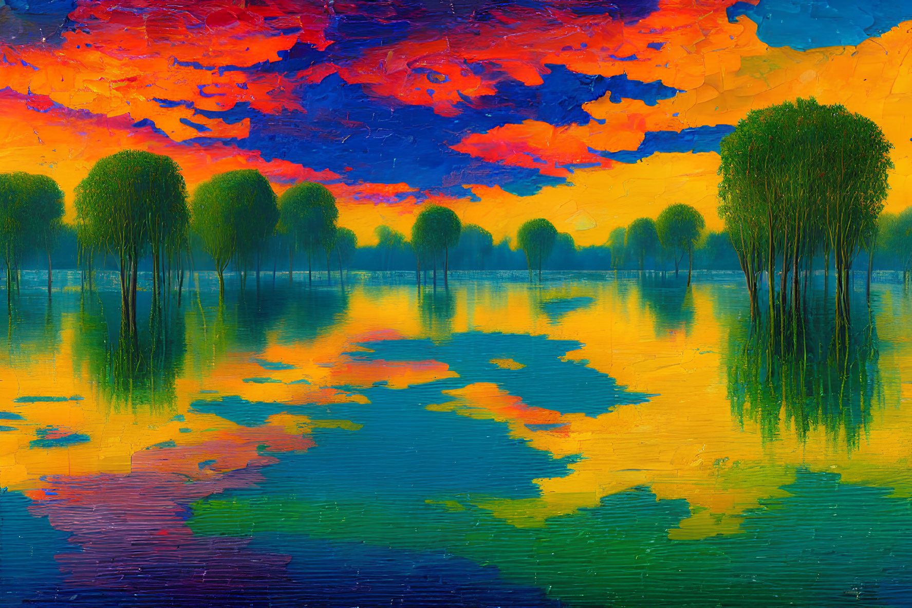 Colorful painting of tall trees reflecting on water under fiery sky