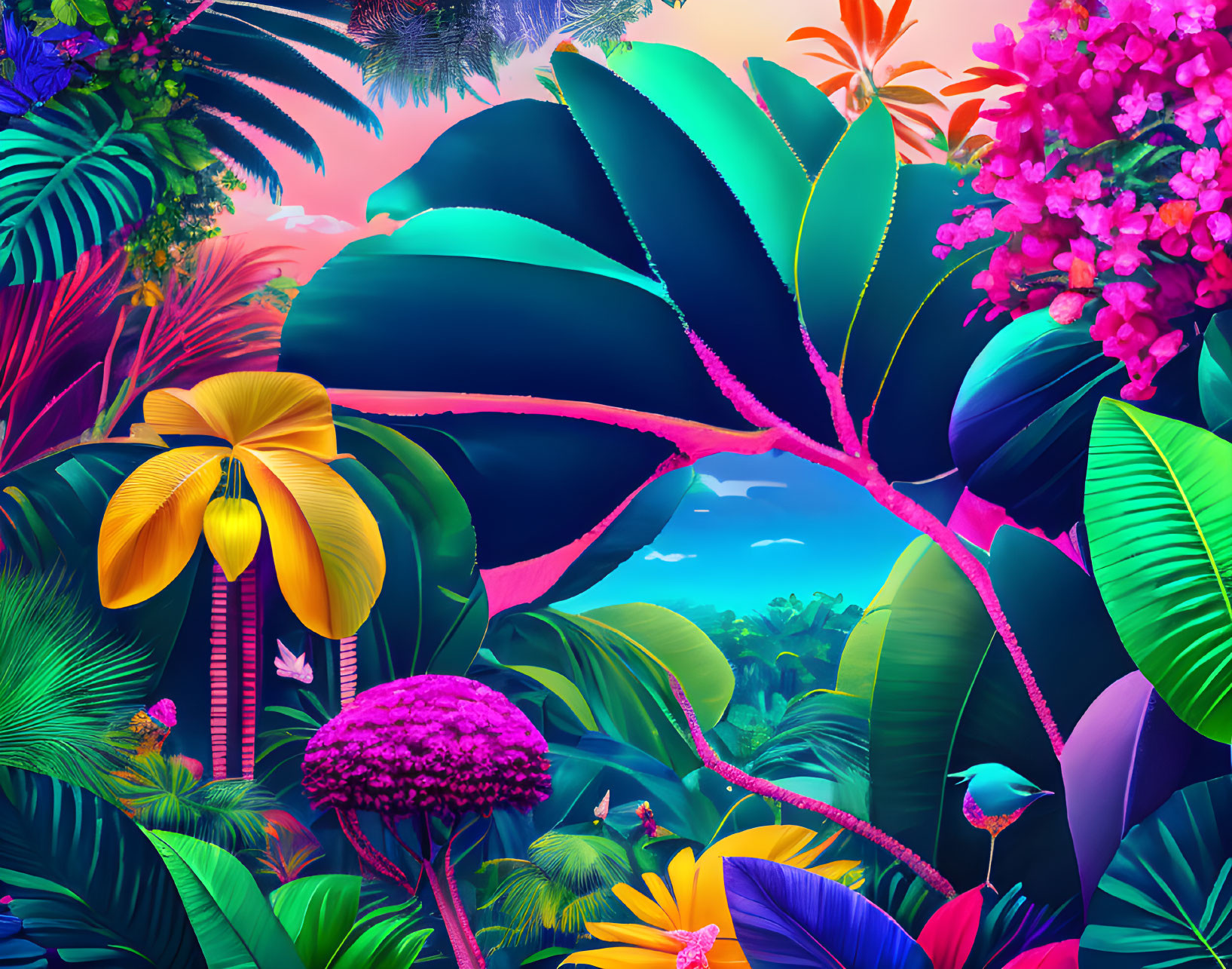 Colorful Tropical Forest Digital Artwork with Lush Foliage