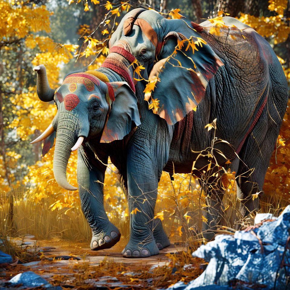 Colorfully painted elephant in golden autumn forest with falling leaves