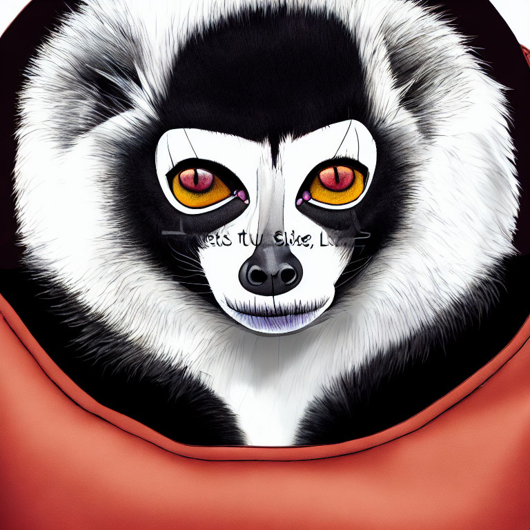 Stylized lemur with vibrant yellow eyes and red frame