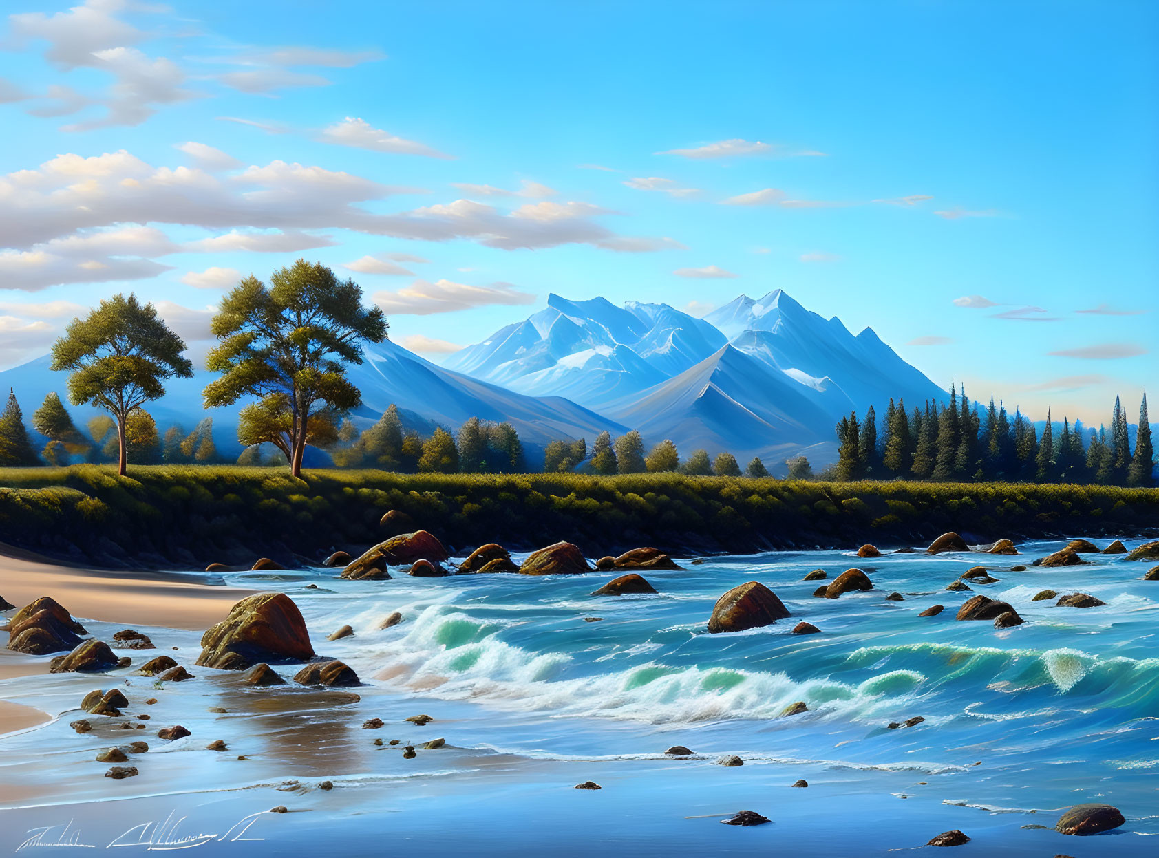 Snowy Mountains, Pine Forest, River, Rocks, Blue Sky Landscape