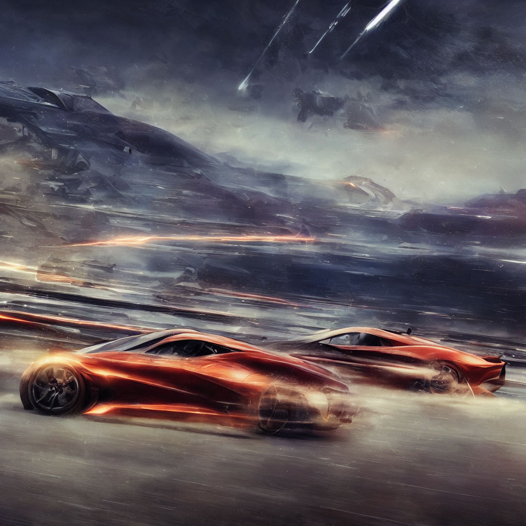 Futuristic red sports cars racing on dystopian planet amid meteor showers