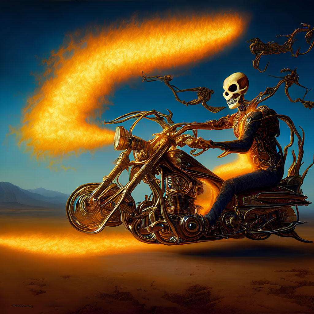 Skeletal figure on fiery motorcycle in barren landscape