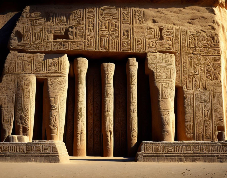 Ancient Egyptian temple entrance with intricate hieroglyphs and colossal columns