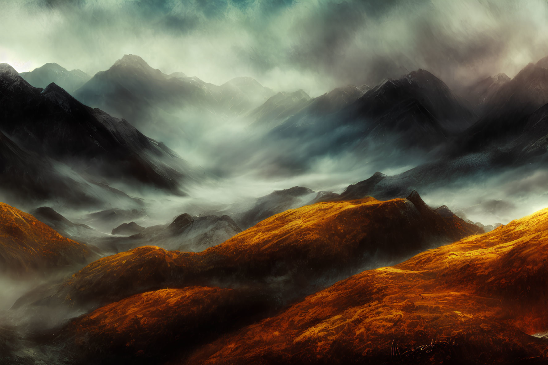 Sunlit Golden Hills and Misty Mountain Ranges Under Brooding Sky