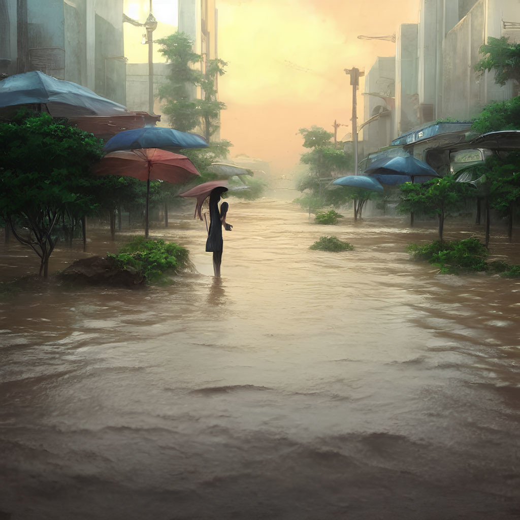 Person with umbrella in flooded city street at sunset surrounded by abandoned cars.