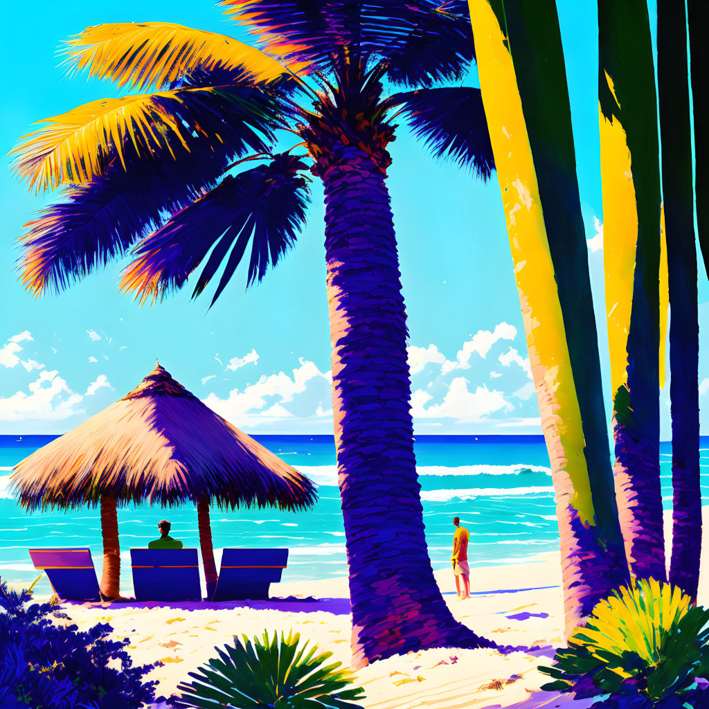 Tropical beach scene with palm trees, thatched hut, loungers, and ocean view.