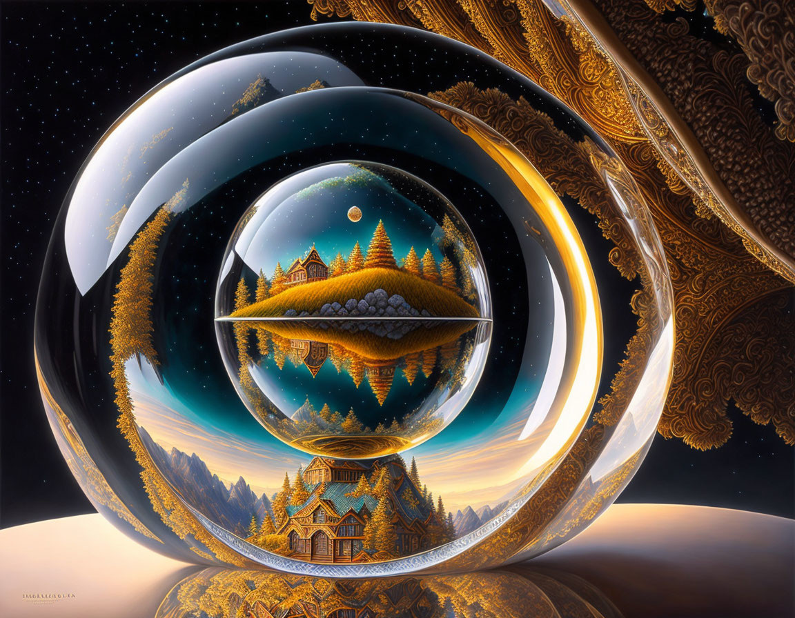 Surreal artwork of crystal ball reflecting mirrored landscape with trees and golden fractals under starry sky