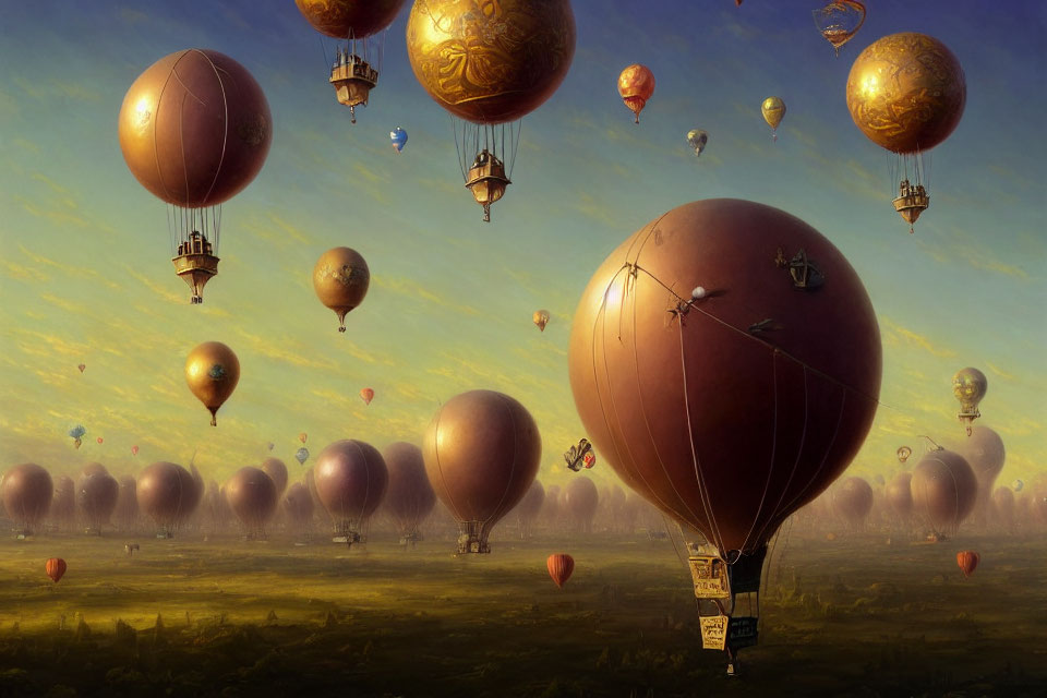 Multiple hot air balloons in golden sunset sky.