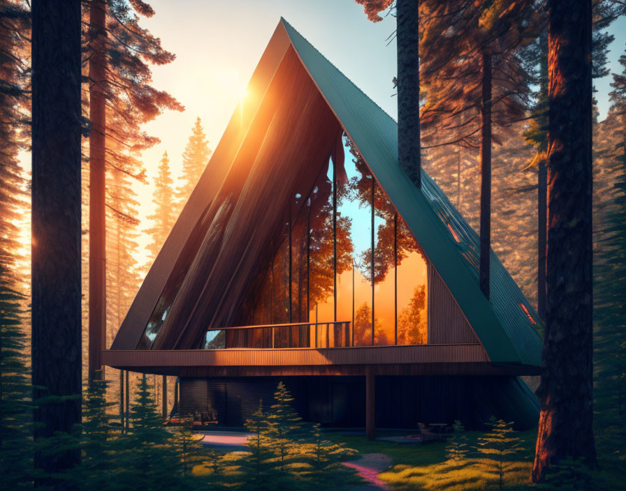 Sunset light in forest A-frame cabin