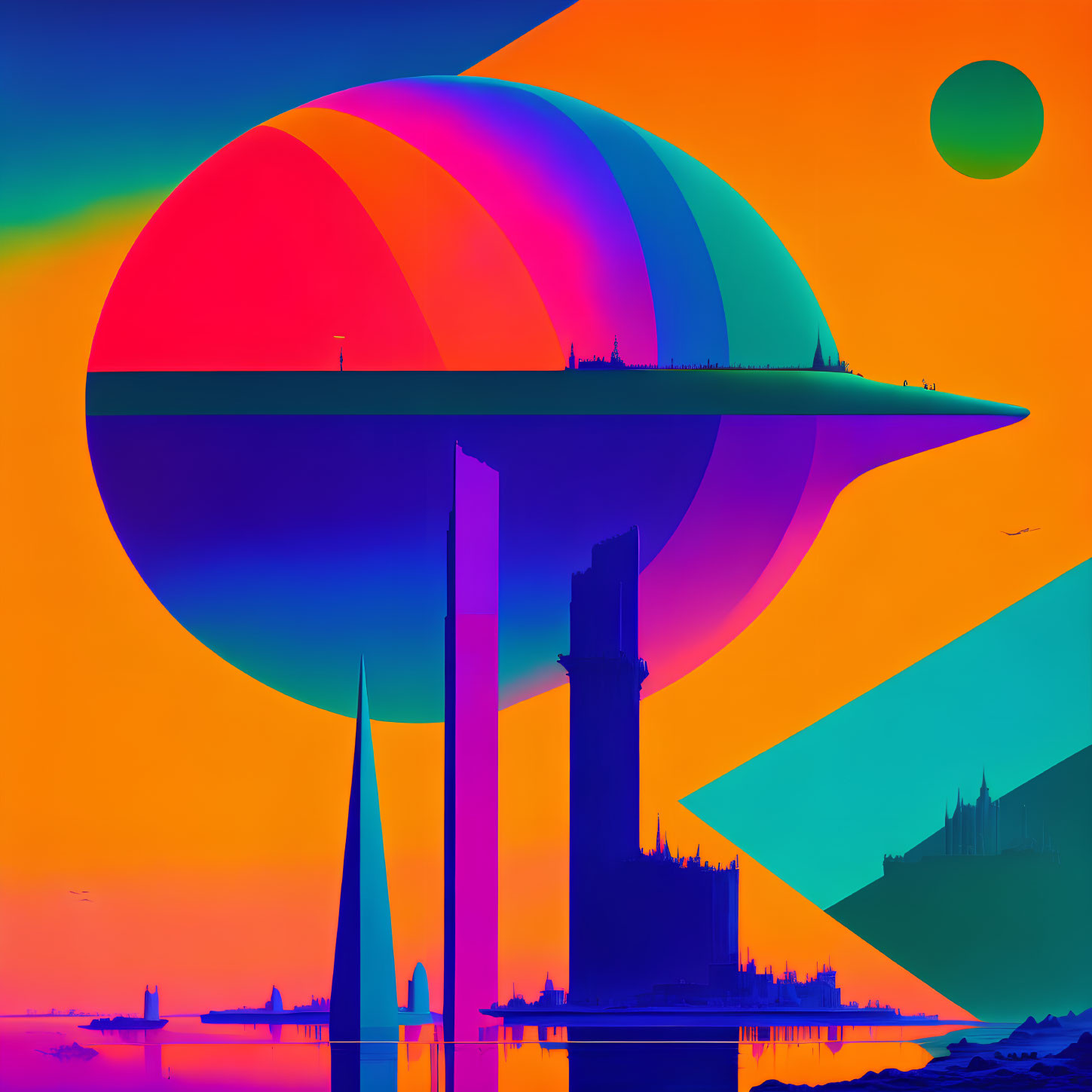 Colorful futuristic architecture digital artwork with rainbow hues and stark pillars against surreal skyline on orange-blue gradient.