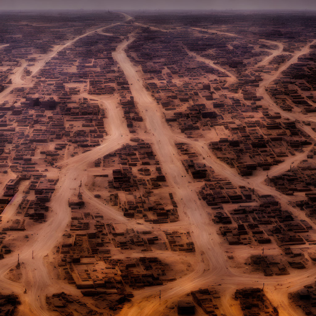 Desert town with dusty roads and clustered buildings under hazy sky