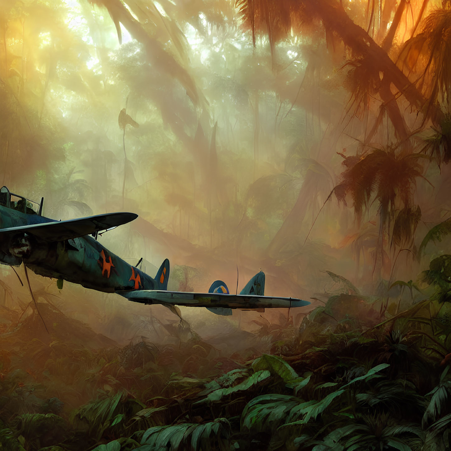 Vintage military airplane crash-landing in misty jungle with sunlight filtering.