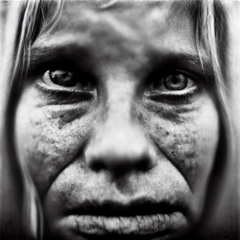 Intense gaze black and white portrait with freckles