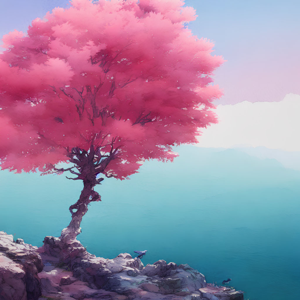 Pink tree on cliff overlooking serene sea with birds - picturesque scene