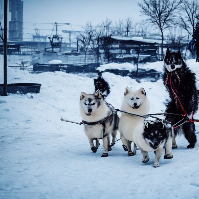 Three Husky Dogs Harnessed on Snow-Covered Ground with Industrial Structures