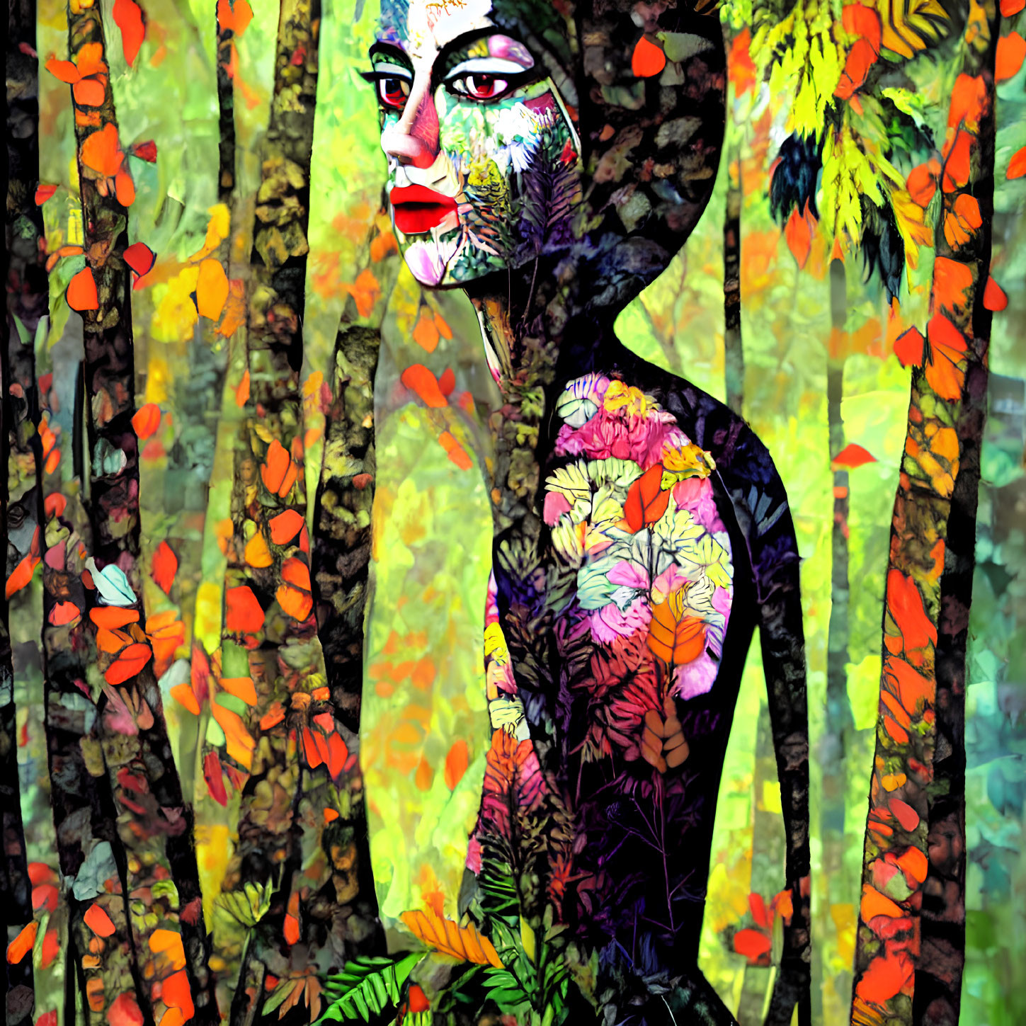 Digital Art: Person with Floral Body Paint in Autumn Forest