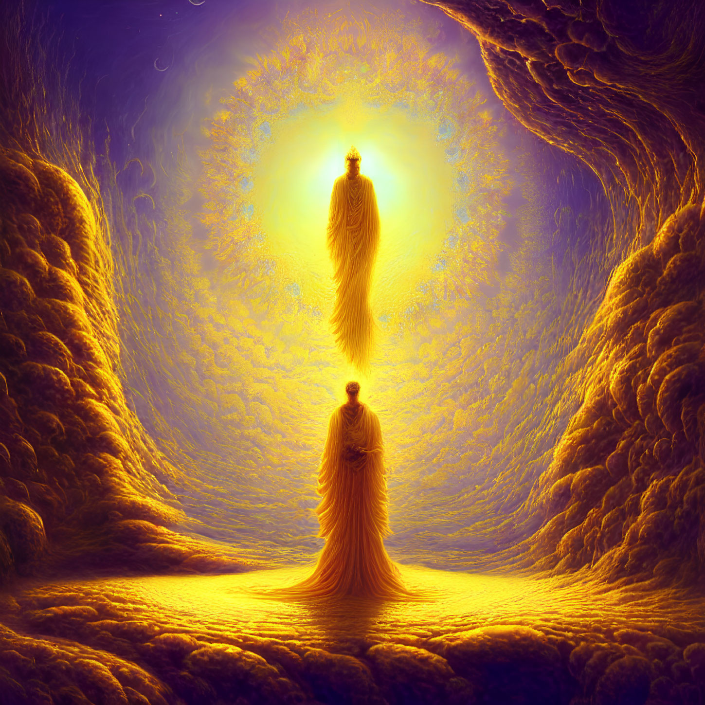 Ethereal figures in golden robes in glowing landscape