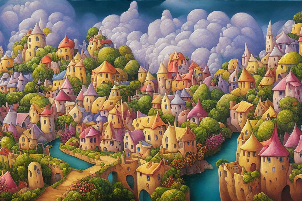 Colorful fairy-tale village painting with vibrant houses, trees, river, and cloudy sky