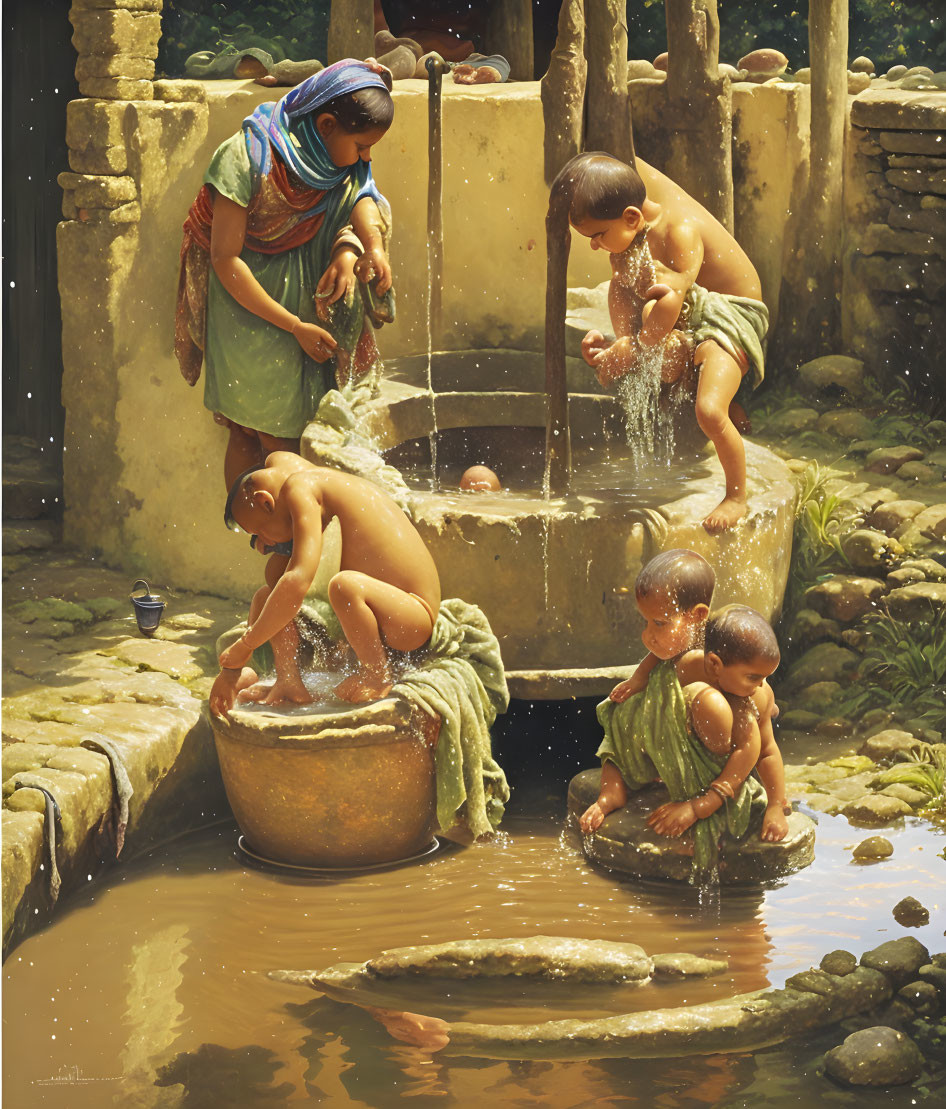 Woman drawing water from well with children playing on sunny day