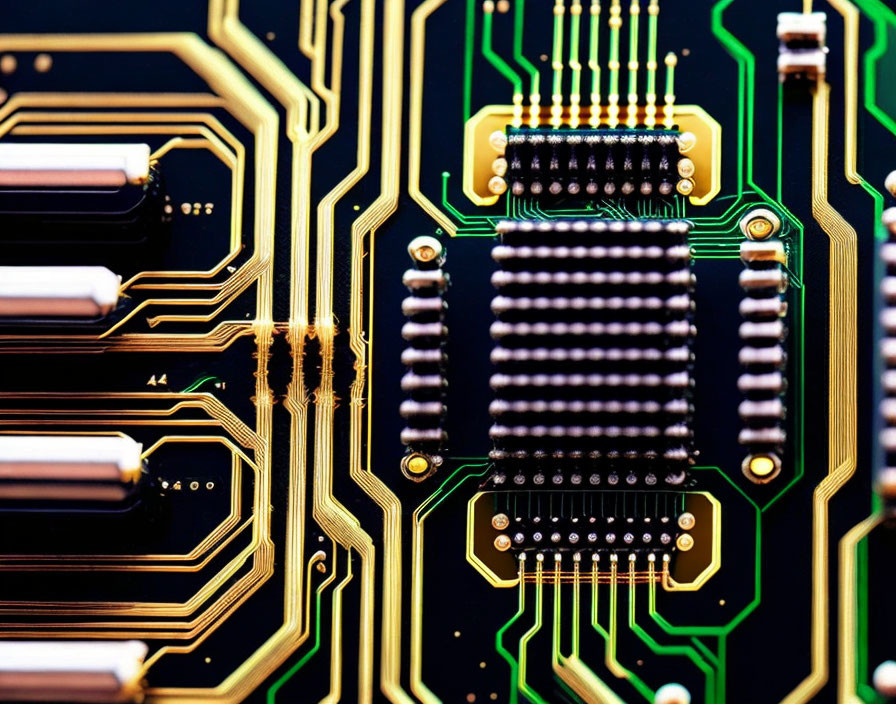 Detailed electronic circuit board with gold and black patterns, microchips, and connectors.