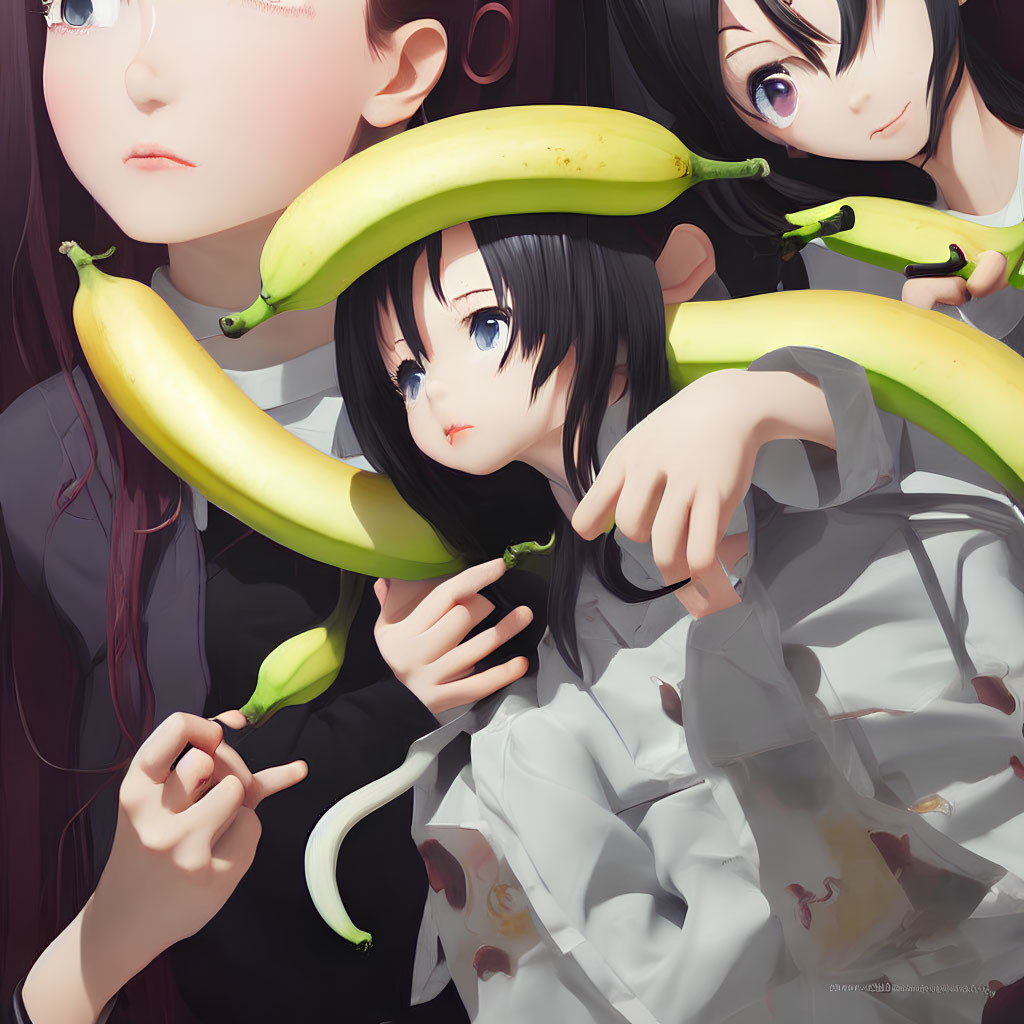 Anime-style girls with large eyes surrounded by floating bananas, one holding a banana near her ear.