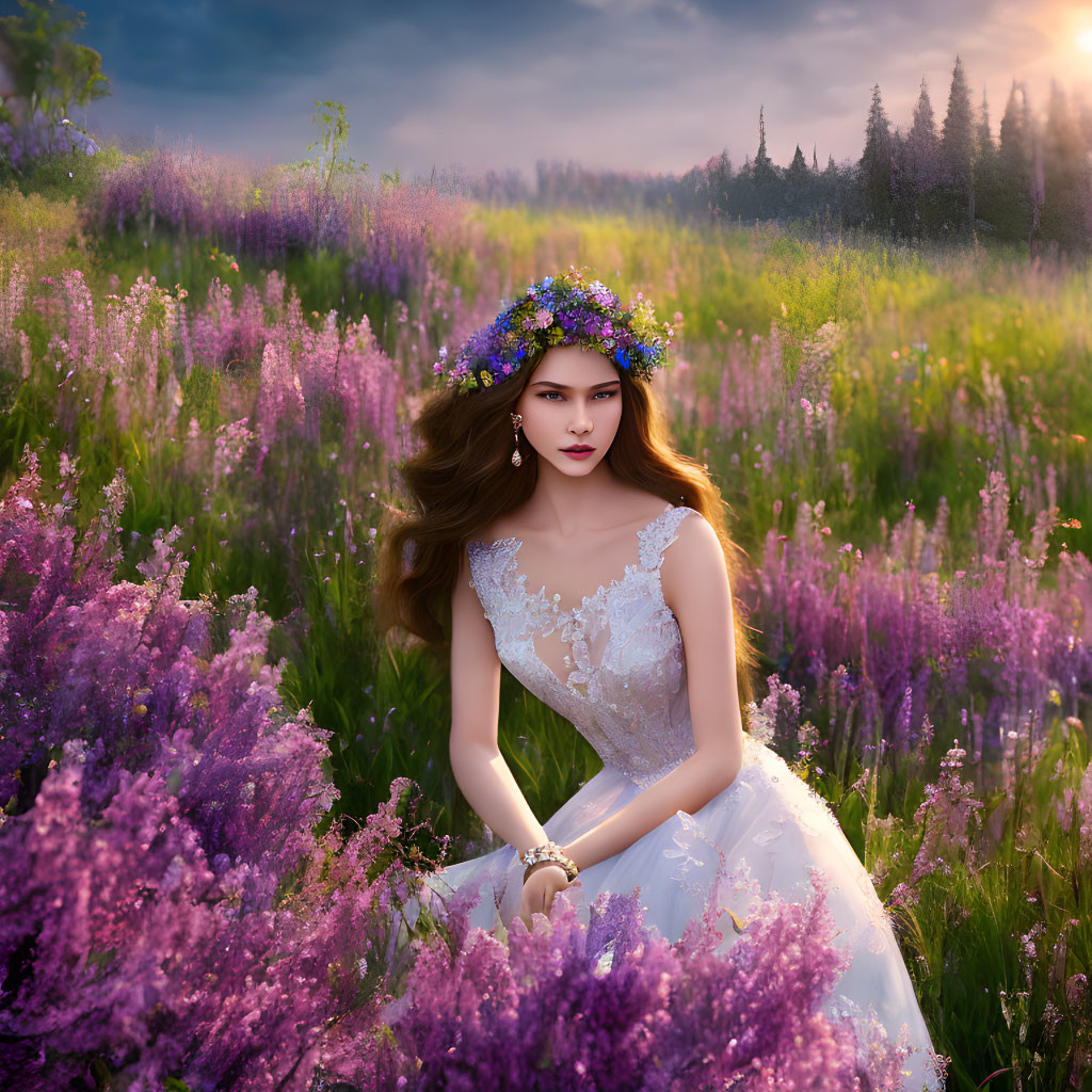 Woman in white dress and floral crown in lavender field with forest and sunset backdrop