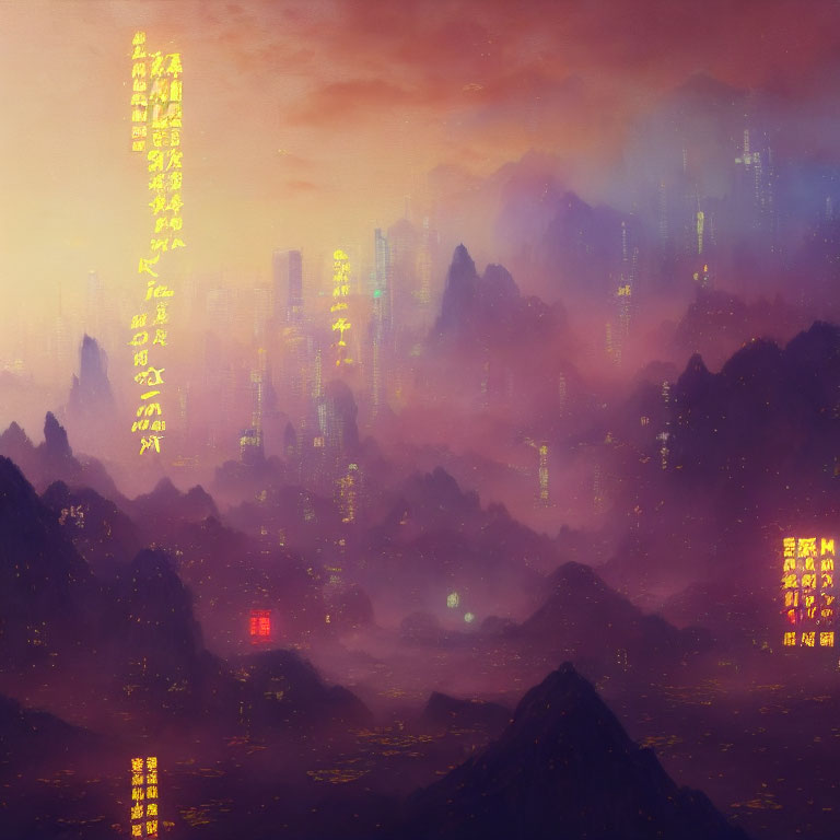 Futuristic cityscape with neon signs at dusk in misty mountains